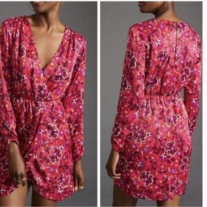 ANTHROPOLOGIE MAEVE Pink Floral Wrap Mini Dress Small P